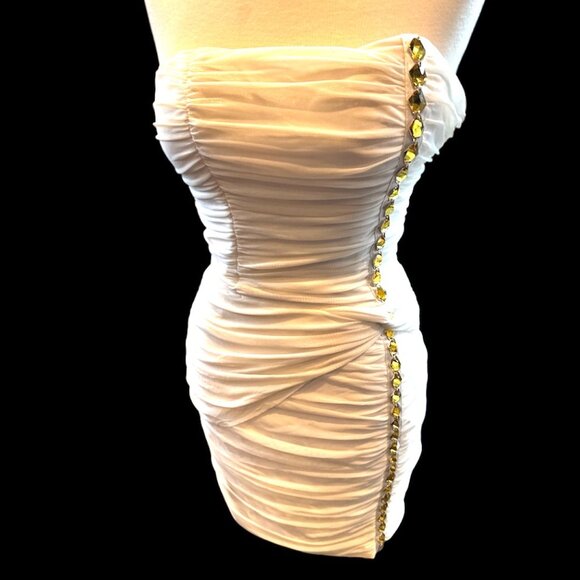 Bebe Strapless Bodycon White Mini Dress Gold Accents - Picture 2 of 12
